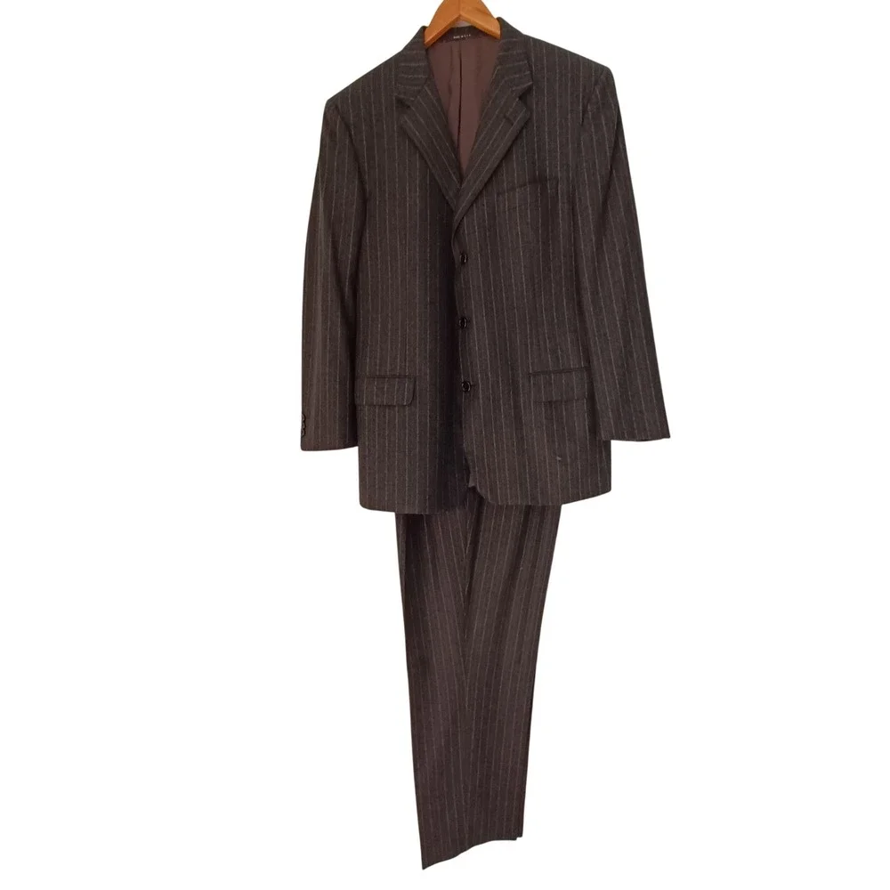 Hickey Freeman Madison Suit Mens 44L Charcoal Grey Pinstripe Worsted Wool‎ 3-Btn